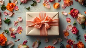 Gift box with pink ribbon and flowers on a gray background photo