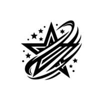 Bold, Black and White Starburst featuring a large central star with surrounding arc and smaller stars, on a white background. vector