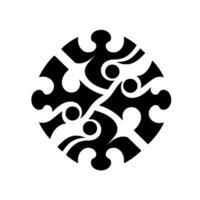 Symmetrical Black and White Design A circular, intricate pattern composed of abstract organic shapes and puzzlelike interlocking elements, set against a neutral backdrop. vector
