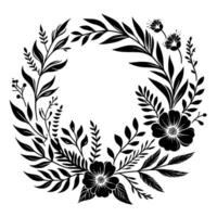 A monochromatic floral wreath in bold black on a white background, showcasing intricate botanical details and a classic circular arrangement. vector