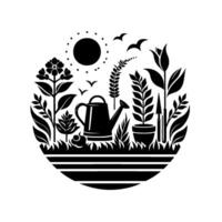 Black and white garden scene in a circular frame, with flowers, watering can, tools, plants, birds, and the sun. vector
