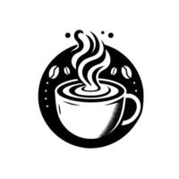 Monochrome Coffee Cup and Steam Within a Circle, Featuring Coffee Beans and Dots vector