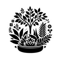 Black and White Illustration of an Artistic Terrarium Miniature Tree, Succulents, and Diverse Foliage in a Decorative Pot. vector