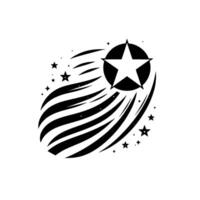 A black and white illustration of a shooting star with a fivepointed white star inside a black circle, trailed by curved lines and smaller stars, on a white background. vector
