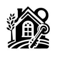 Monochromatic Real Estate featuring a house silhouette, key, tree, chimney, and arched window on a white background. vector