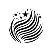 Abstract Black and White Celestial Composition Flowing Lines Encircling Stars in a Minimalist Design, Symbolizing Space and Movement. vector