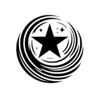 Black Star within Stylized Circular Swirls and Glittering DiamondShaped Elements on White Background Minimalist Design. vector