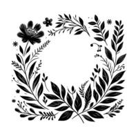 A minimalist black and white floral wreath, featuring stylized leaves, blossoms, and berries arranged in a circular frame. vector