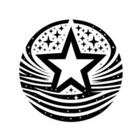 Bold black and white emblem A central, fivepointed star radiates within a circular frame, surrounded by smaller stars and streaming curved lines. vector