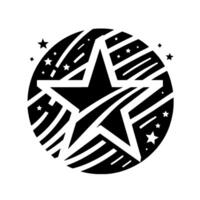 Black and White Starburst A featuring a large central star enclosed within a circular pattern of stylized lines and stars. vector