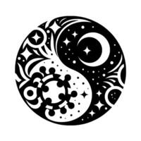 Yin Yang Symbol Night Sky with Moon, Stars, and CelestialInspired Abstract Geometric Designs of Light and Dark. vector