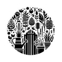 Black and white circular garden with plants, tools, and a fence, creating a harmonious illustration of natures beauty. vector