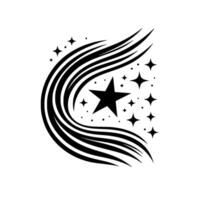 Black and white abstract illustration of a stylized shooting star, composed of a large central star, cascading lines and smaller star accents. vector