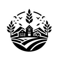 Black and White Farm Scene Rural Homes, Fields, Wheat, Tractor, and Birds, Within a Circular Frame vector