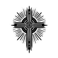 Intricate Black and White Christian Cross with Radial Burst and Stylized Ornaments on White Background. vector