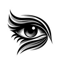 Black and white stylized eye illustration with layered lashes, iris detail and a bold, on a plain background. vector