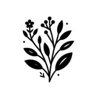 Monochromatic botanical illustration of stylized flora, showcasing a flower, leaves, and berries in a minimalist on a white background. vector