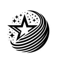 Bold, black and white featuring a fivepointed star, surrounded by smaller stars and a swooping stylized streak design, set against a white background. vector