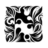 Intricate Monochrome Square Floral Pattern with Abstract Shapes Detailed Black Leaves, Dots, and Serpentine Lines. vector