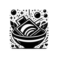 Stylized black and white illustration featuring a bowl filled with noodles and packets, surrounded by decorative elements. vector