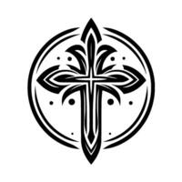 Intricate Black and White Circular Emblem Featuring a Stylized Cross with Floral and Geometric Elements. vector