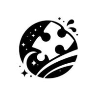 Black and white of a puzzle piece inside a circular frame with a starfield, waves, and water splashes conveying wholeness. vector