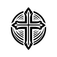 Bold Black Cross Emblem Enclosed within Ornate Circular Pattern on a Clean White Background. vector