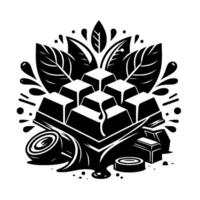 Abstract black and white illustration of chocolate bars with leafy accents and a flow of melting chocolate, set against a blank background. vector
