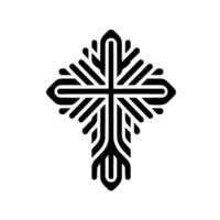 Bold, stylized black cross with flowing lines and rounded terminals, centrally placed on a white backdrop, evoking a sense of faith and devotion. vector