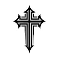 Ornate, black, stylized Christian cross with arrowlike extensions on a bright white background. vector