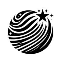 A stylized black and white graphic, a star bursts through a sphere of swirling lines, surrounded by smaller starbursts, against a white background. vector
