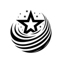 Black and White Starburst Logo A Bold, Modern Featuring a Central Star Encircled by a Flowing, Abstract with Smaller Stars. vector