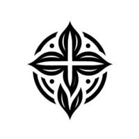 Symmetrical Black and White Floral Pattern with Leaf Motif and Circle Elements, CrossLike Composition. vector