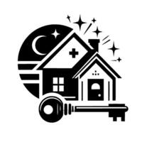 Black and white illustration of a house with a key, moon, stars, and a cross, representing homeownership and security. vector
