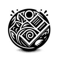 A stylized, black and white tribal art piece forming a circular with geometric shapes, organic elements, and intricate patterns. vector
