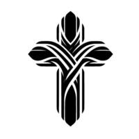 An intricately designed black and white stylized Christian cross, featuring interwoven lines and geometric shapes on a stark white background, presenting a minimalist and elegant aesthetic. vector