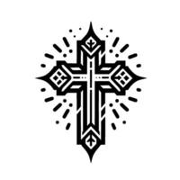 Ornate Black and White Geometric Christian Cross with Burst of Light and Detailed Gothic Elements on a Plain Background. vector