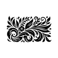 Bold Black Floral Rectangular with Intricate Leafy Swirls and a Central Flower on White Background. vector