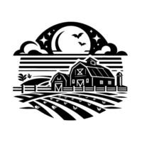 Stylized monochrome farm scene with barns, fields, fence, moon, stars, bats, and silo under a night sky. vector