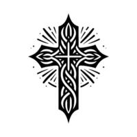 Intricate Black and White Celtic Cross Design, Featuring Flowing Lines, Rays, and a White Background, Symbolizing Faith and Spirituality. vector