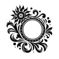 Ornate Black and White Design Sunflower and Circular Frame Adorned with Swirls and Decorative Elements. vector