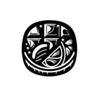 Black and White Abstract with Fruit and Geometric Shapes in a Rounded Rectangle on White Background vector