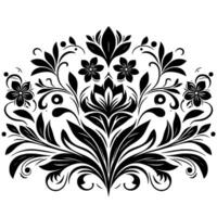 Elegant symmetrical floral in black on white, featuring stylized blooms, leaves, and ornate swirling elements, creating a harmonious decorative pattern. vector