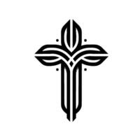 Minimalist Black and White Cross with Stylized Floral Elements and Geometric Lines on a Blank Canvas. vector