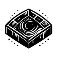Isometric Black and White Geometric Design Abstract Box with Crescent Center and Dotted Border, Minimalist Graphic. vector