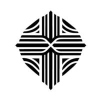 Black and white geometric featuring an ornate rhombus with symmetrical lines, curves, and a central interwoven pattern, set against a stark white backdrop. vector