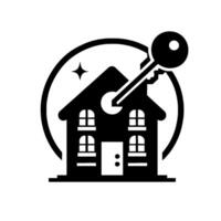 Stylized black and white illustration of a house, key unlocking it, set within a circular frame, conveying home ownership and security. vector
