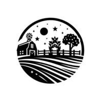 Black and white circular illustration of a farm scene at night, including a barn, windmill, field, fence, trees, moon and stars. vector