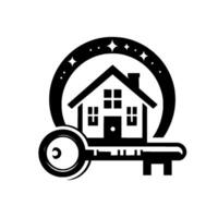 Black and white minimalist illustration of a house and key within a starstudded circle, symbolizing home security and ownership. vector
