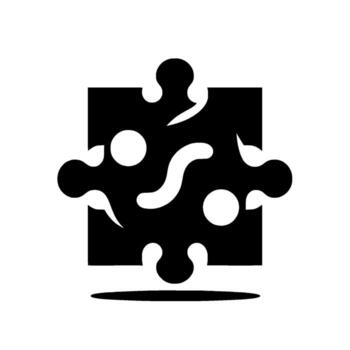 Black and white puzzle piece illustration featuring a unique with circular and curved internal shapes, resting on a subtle shadow. vector